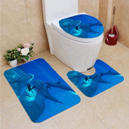 CHAPLLE Dolphins 3 Piece Bathroom Rugs Set Bath Rug Contour Mat and Toilet Lid Cover