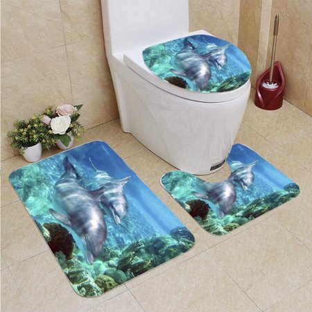 CHAPLLE Dolphins Near Coral at a Park 3 Piece Bathroom Rugs Set Bath Rug Contour Mat and Toilet Lid Cover