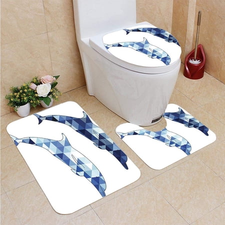 CHAPLLE Dolphins Silhouette 3 Piece Bathroom Rugs Set Bath Rug Contour Mat and Toilet Lid Cover