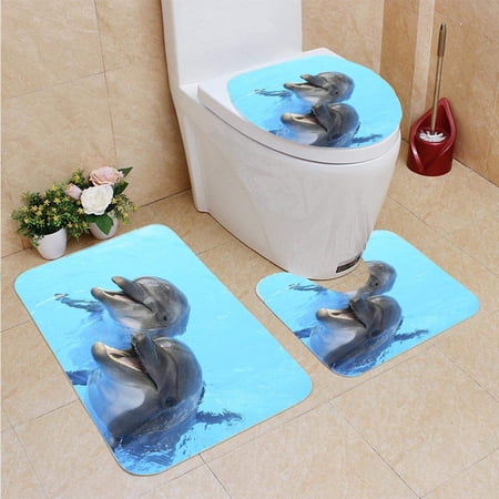 CHAPLLE Dolphins Swim in Pool 3 Piece Bathroom Rugs Set Bath Rug Contour Mat and Toilet Lid Cover