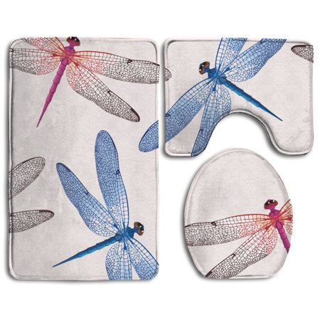 CHAPLLE Dragonfly Forms High Embellished Irregular Macro Retro Simplistic 3 Piece Bathroom Rugs Set Bath Rug Contour Mat and Toilet Lid Cover