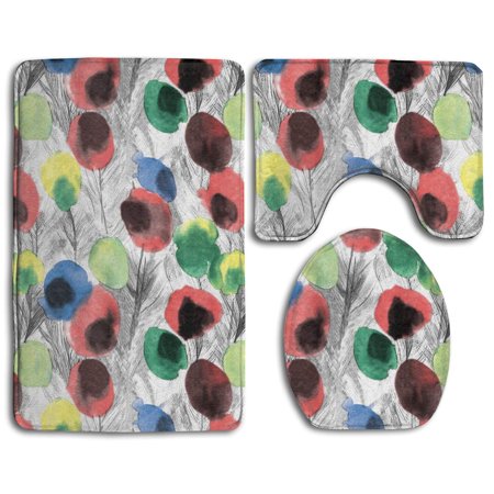 CHAPLLE Drawing Watercolor Peacock Feathers 3 Piece Bathroom Rugs Set Bath Rug Contour Mat and Toilet Lid Cover