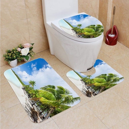 CHAPLLE Dream Beach Bora Bora Coconut Palm Trees French Polynesia 3 Piece Bathroom Rugs Set Bath Rug Contour Mat and Toilet Lid Cover