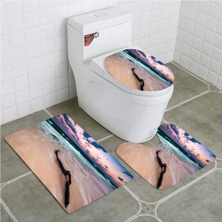 CHAPLLE Driftwood Seascape Theme Driftwood on Deserted Beach at Sunset Digital 3 Piece Bathroom Rugs Set Bath Rug Contour Mat and Toilet Lid Cover