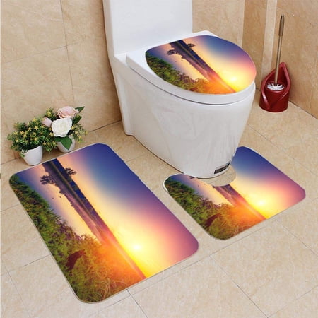 CHAPLLE Early in Morning Sunrise Over Lake A Misty Morning a Rural Landscape a Desert 3 Piece Bathroom Rugs Set Bath Rug Contour Mat and Toilet Lid Cover