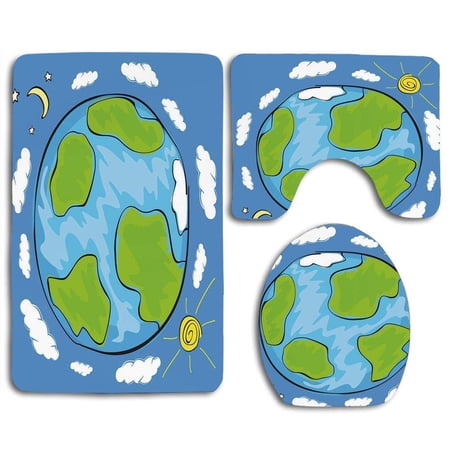 CHAPLLE Earth Childs Drawing Planet Earth Surrounded Clouds Day and Night Cycle 3 Piece Bathroom Rugs Set Bath Rug Contour Mat and Toilet Lid Cover
