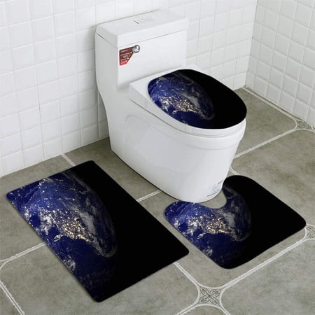 CHAPLLE Earth from Space at Night North America 3 Piece Bathroom Rugs Set Bath Rug Contour Mat and Toilet Lid Cover