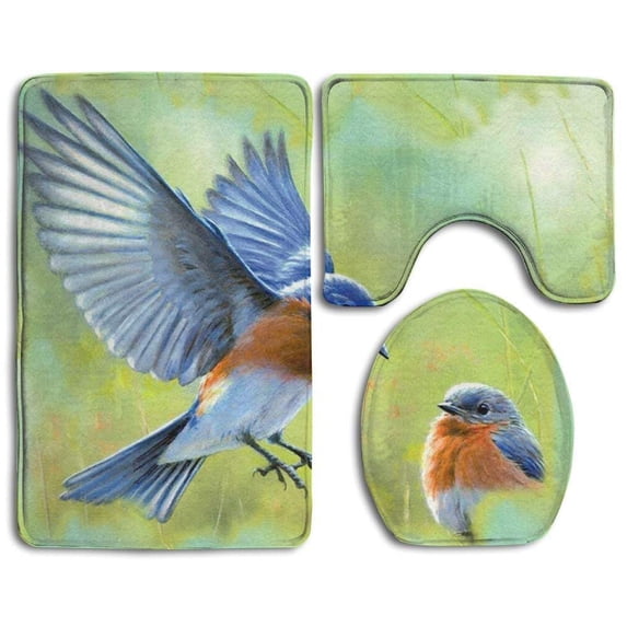 CHAPLLE Eastern Bluebird Prints 3 Piece Bathroom Rugs Set Bath Rug Contour Mat and Toilet Lid Cover