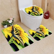CHAPLLE Eastern Tiger Swallowtail Butterfly Feeding a Sunflower 3 Piece Bathroom Rugs Set Bath Rug Contour Mat and Toilet Lid Cover
