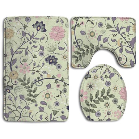 CHAPLLE Elegant Vintage Floral 3 Piece Bathroom Rugs Set Bath Rug Contour Mat and Toilet Lid Cover