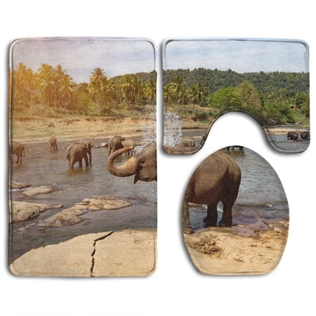 CHAPLLE Elephants Bathing River National Park Pinnawala Elephant Orphanage Sri Lanka 3 Piece Bathroom Rugs Set Bath Rug Contour Mat and Toilet Lid Cover