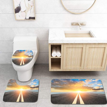 CHAPLLE Empty Asphalt Road and Blue sea Nature Landscape at Sunset 3 Piece Bathroom Rugs Set Bath Rug Contour Mat and Toilet Lid Cover