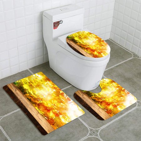 CHAPLLE Empty Log Table in Front Yellow Leaves a Tree 3 Piece Bathroom Rugs Set Bath Rug Contour Mat and Toilet Lid Cover