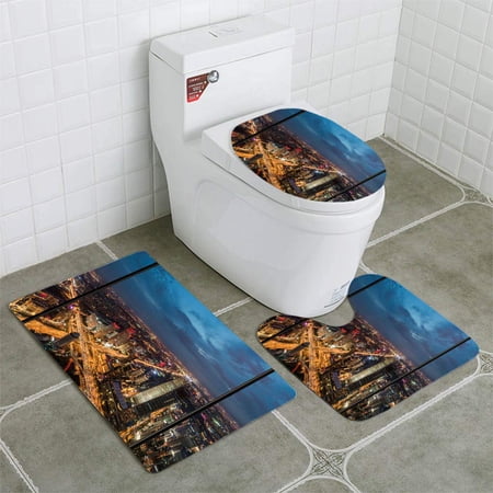 CHAPLLE Empty Office Overlooking a City 3 Piece Bathroom Rugs Set Bath Rug Contour Mat and Toilet Lid Cover