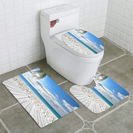 CHAPLLE Empty Wooden Platform Beside Tropical Beach 3 Piece Bathroom Rugs Set Bath Rug Contour Mat and Toilet Lid Cover