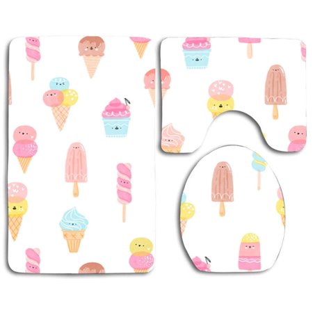 CHAPLLE Enchanting Ice Cream 3 Piece Bathroom Rugs Set Bath Rug Contour Mat and Toilet Lid Cover