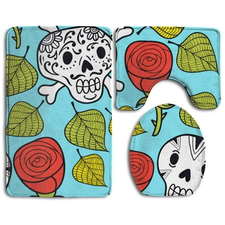 CHAPLLE Endless Roses and Sugar Skulls 3 Piece Bathroom Rugs Set Bath Rug Contour Mat and Toilet Lid Cover