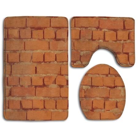CHAPLLE Exterior Brick Wall 3 Piece Bathroom Rugs Set Bath Rug Contour Mat and Toilet Lid Cover