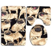 CHAPLLE Fabric Pug Dogs 3 Piece Bathroom Rugs Set Bath Rug Contour Mat and Toilet Lid Cover