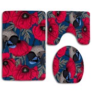 CHAPLLE Fairy Wren and Poppies Art 3 Piece Bathroom Rugs Set Bath Rug Contour Mat and Toilet Lid Cover