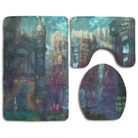 CHAPLLE Fairytale Castle 3 Piece Bathroom Rugs Set Bath Rug Contour Mat and Toilet Lid Cover