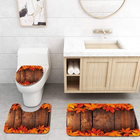 CHAPLLE Fall Dry Leaves Poured onto Wooden Board Cabin Cottage Rustic Country Life Theme 3 Piece Bathroom Rugs Set Bath Rug Contour Mat and Toilet Lid Cover