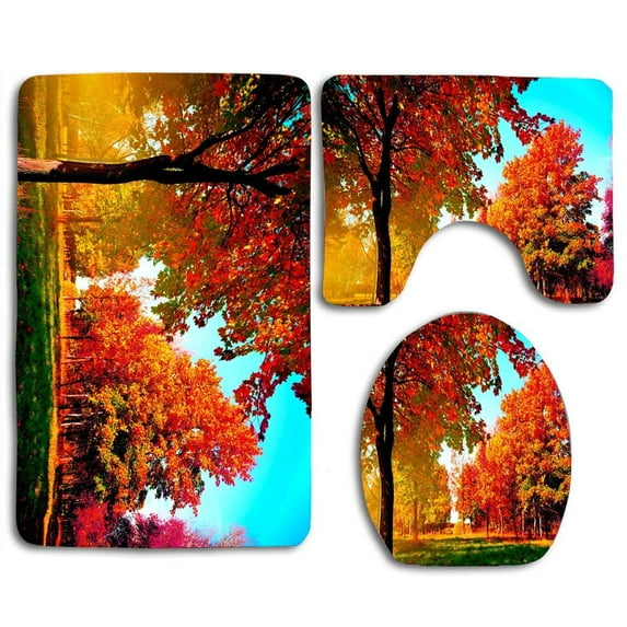 CHAPLLE Fall Fresh Fond Automne Trees 3 Piece Bathroom Rugs Set Bath Rug Contour Mat and Toilet Lid Cover