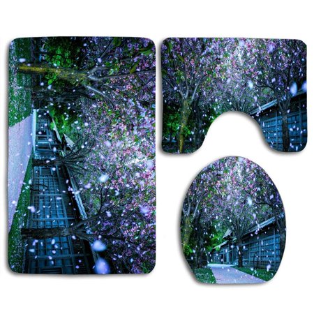 CHAPLLE Falling Petals and Cabin 3 Piece Bathroom Rugs Set Bath Rug Contour Mat and Toilet Lid Cover