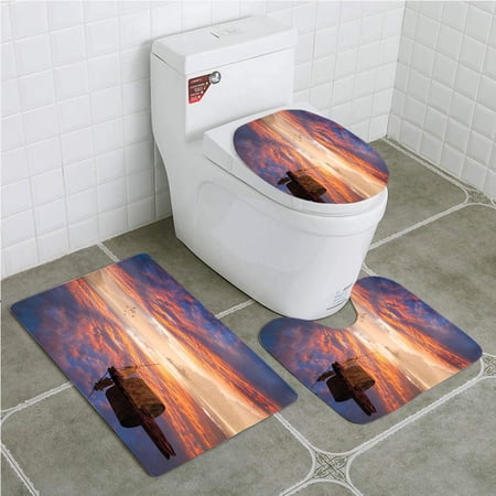 CHAPLLE Fantastic Imaginary World Man Shipping on His Boat Rowing Fluffy Clouds 3 Piece Bathroom Rugs Set Bath Rug Contour Mat and Toilet Lid Cover
