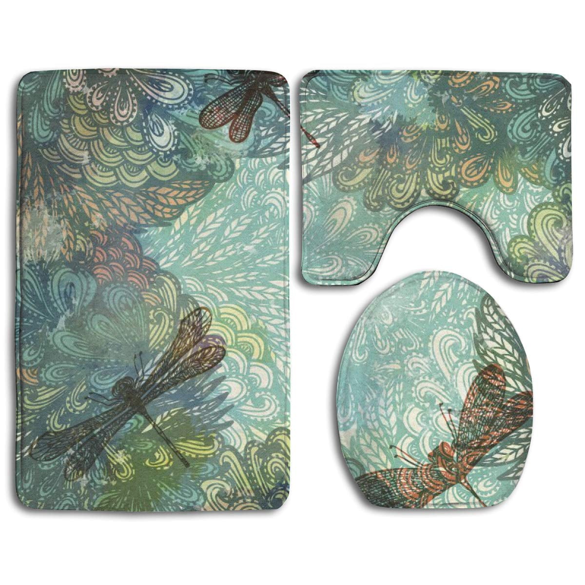 CHAPLLE Fantasy Flowers and Dragonfly 3 Piece Bathroom Rugs Set Bath