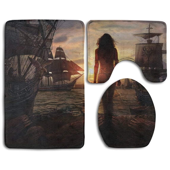 CHAPLLE Fantasy Pirate 3 Piece Bathroom Rugs Set Bath Rug Contour Mat and Toilet Lid Cover