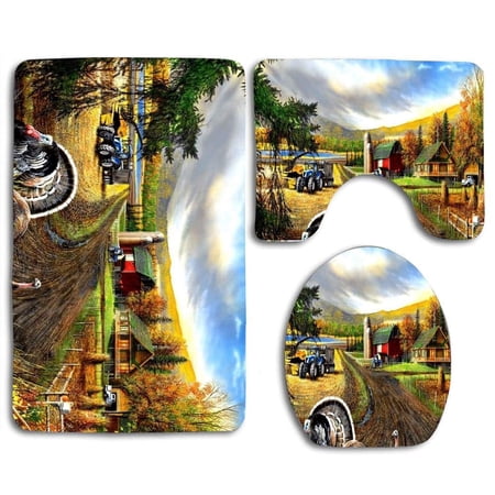 CHAPLLE Farm Barn Birds Garden 3 Piece Bathroom Rugs Set Bath Rug Contour Mat and Toilet Lid Cover