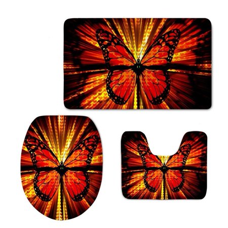 CHAPLLE Fashion Butterfly 3 Piece Bathroom Rugs Set Bath Rug Contour Mat and Toilet Lid Cover