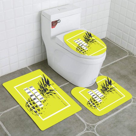 CHAPLLE Fashionable modern poster pineapple Hello summer Tropical fruit on yellow 3 Piece Bathroom Rugs Set Bath Rug Contour Mat and Toilet Lid Cover