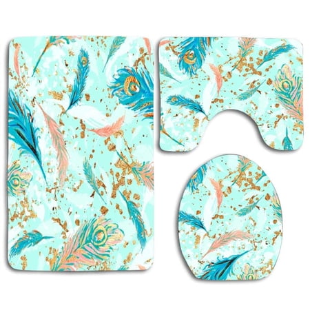 CHAPLLE Feather Peacock Peach 3 Piece Bathroom Rugs Set Bath Rug Contour Mat and Toilet Lid Cover