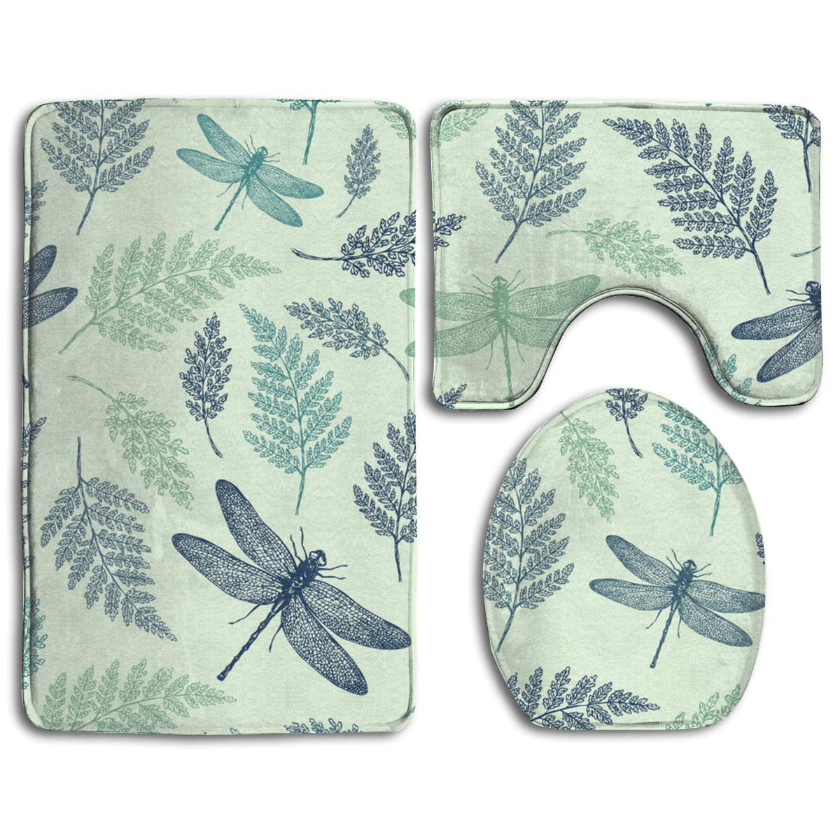 CHAPLLE Fern and Dragonfly 3 Piece Bathroom Rugs Set Bath Rug Contour