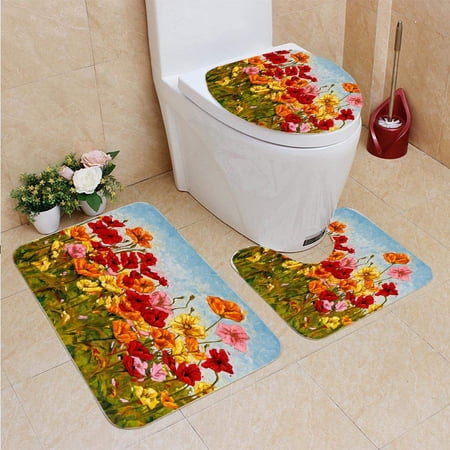 CHAPLLE Field Colorful Poppies Oil Painting 3 Piece Bathroom Rugs Set Bath Rug Contour Mat and Toilet Lid Cover