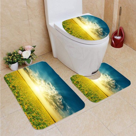 CHAPLLE Field Sunflowers Sunset in Clouds 3 Piece Bathroom Rugs Set Bath Rug Contour Mat and Toilet Lid Cover