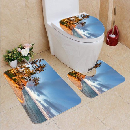 CHAPLLE Fiji Island Beach Hut Sunset Coral Coast Viti Levu 3 Piece Bathroom Rugs Set Bath Rug Contour Mat and Toilet Lid Cover