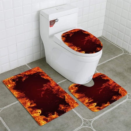 CHAPLLE Fire Frame 3 Piece Bathroom Rugs Set Bath Rug Contour Mat and Toilet Lid Cover