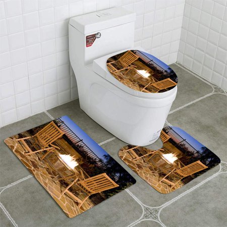 CHAPLLE Fire Pit Back Yard Outdoor Seating Fire Sunset View Luxury 3 Piece Bathroom Rugs Set Bath Rug Contour Mat and Toilet Lid Cover