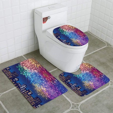 CHAPLLE Fireworks 3 Piece Bathroom Rugs Set Bath Rug Contour Mat and Toilet Lid Cover