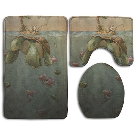 CHAPLLE Fishing Cat 3 Piece Bathroom Rugs Set Bath Rug Contour Mat and Toilet Lid Cover