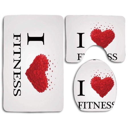 CHAPLLE Fitness I Love Fitness Modern Font Type Romantic Hearts Graphic Stylized 3 Piece Bathroom Rugs Set Bath Rug Contour Mat and Toilet Lid Cover