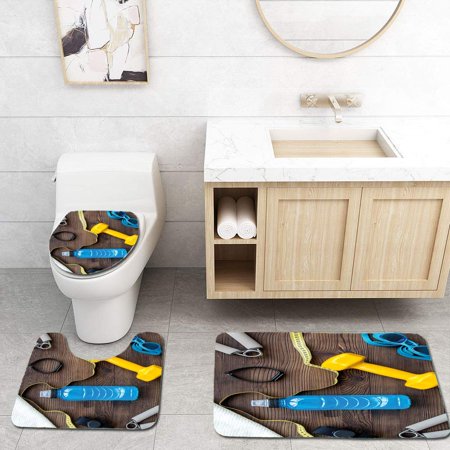 CHAPLLE Fitness Preparing to Fitness Sports Equipment on Wood Board Concept Swimming Exercise 3 Piece Bathroom Rugs Set Bath Rug Contour Mat and Toilet Lid Cover
