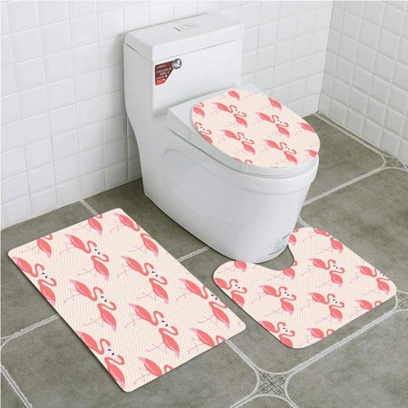 CHAPLLE Flamingo Flamingo Couple Heart Shape Polka Dot Romantic Art Cream 3 Piece Bathroom Rugs Set Bath Rug Contour Mat and Toilet Lid Cover