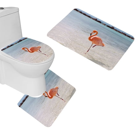 CHAPLLE Flamingo Standing 3 Piece Bathroom Rugs Set Bath Rug Contour Mat and Toilet Lid Cover