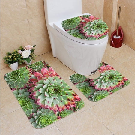 CHAPLLE Fleshy Leaves Sempervivum Succulent Plants 3 Piece Bathroom Rugs Set Bath Rug Contour Mat and Toilet Lid Cover