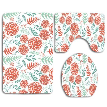 CHAPLLE Floral Background Fern Leaves 3 Piece Bathroom Rugs Set Bath Rug Contour Mat and Toilet Lid Cover
