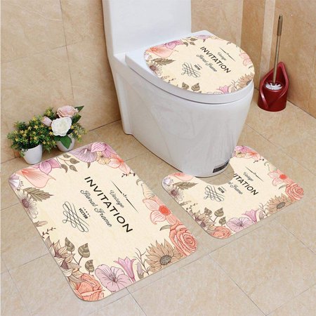 CHAPLLE Floral Border Textured 3 Piece Bathroom Rugs Set Bath Rug Contour Mat and Toilet Lid Cover